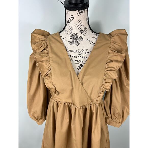 NWT En Saison mocha brown Puff Sleeve V-neck ruffle Mini Dress with Pockets - Picture 4 of 11